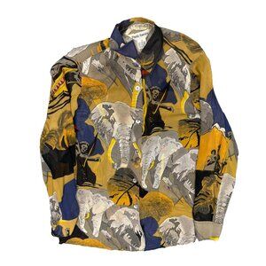 Vintage Paolo Santini 100% Silk Shirt Elephant Print Long Sleeve Button Up Large